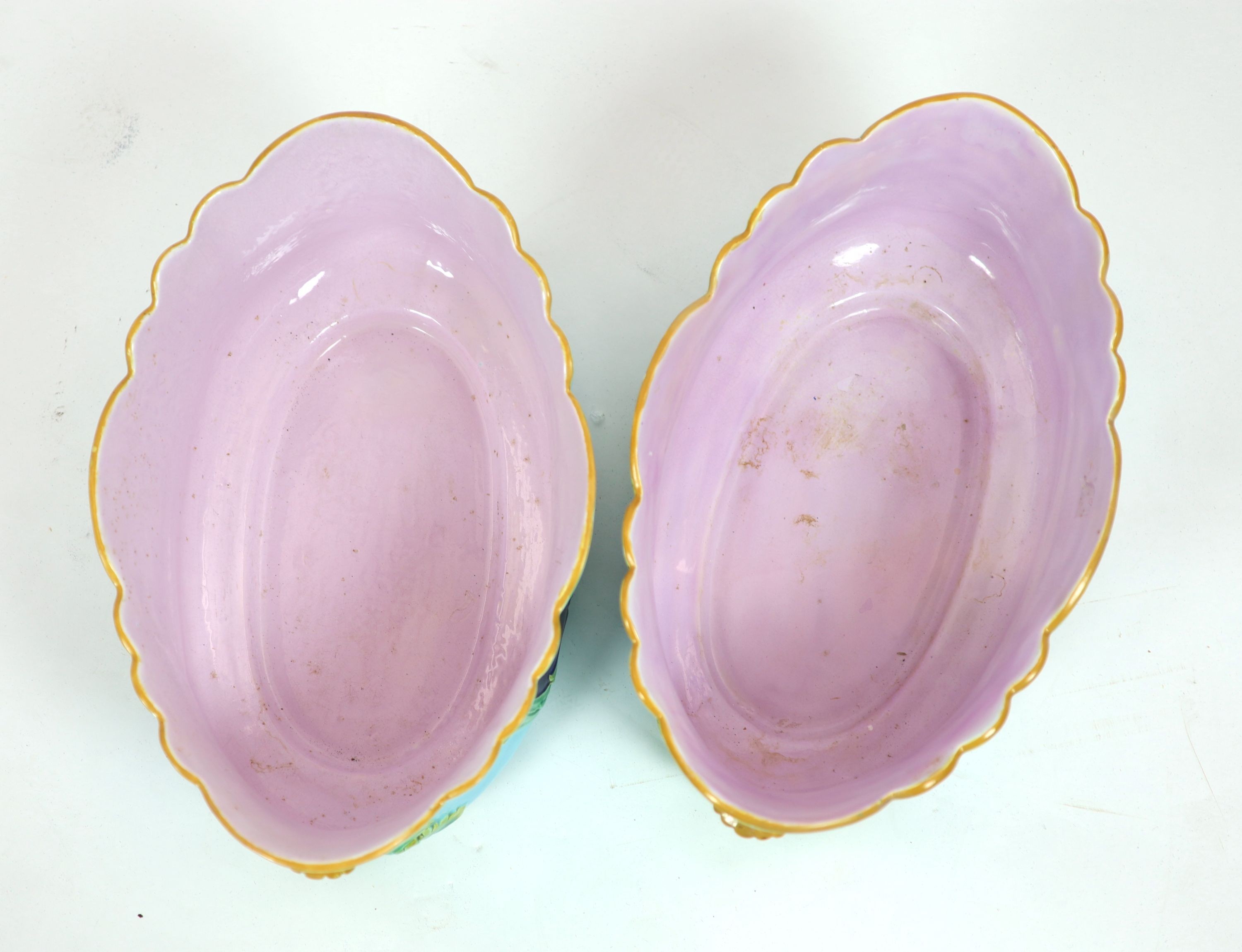 A pair of Victorian majolica elliptical jardinieres, probably Minton, 46 cm wide